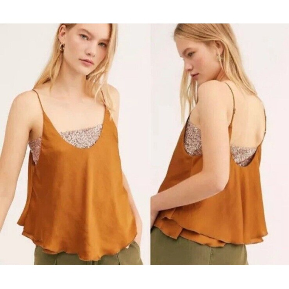 Free People Women's Turn It On Cami SMALL Amber Gold Sequin Tank Top Party Sexy